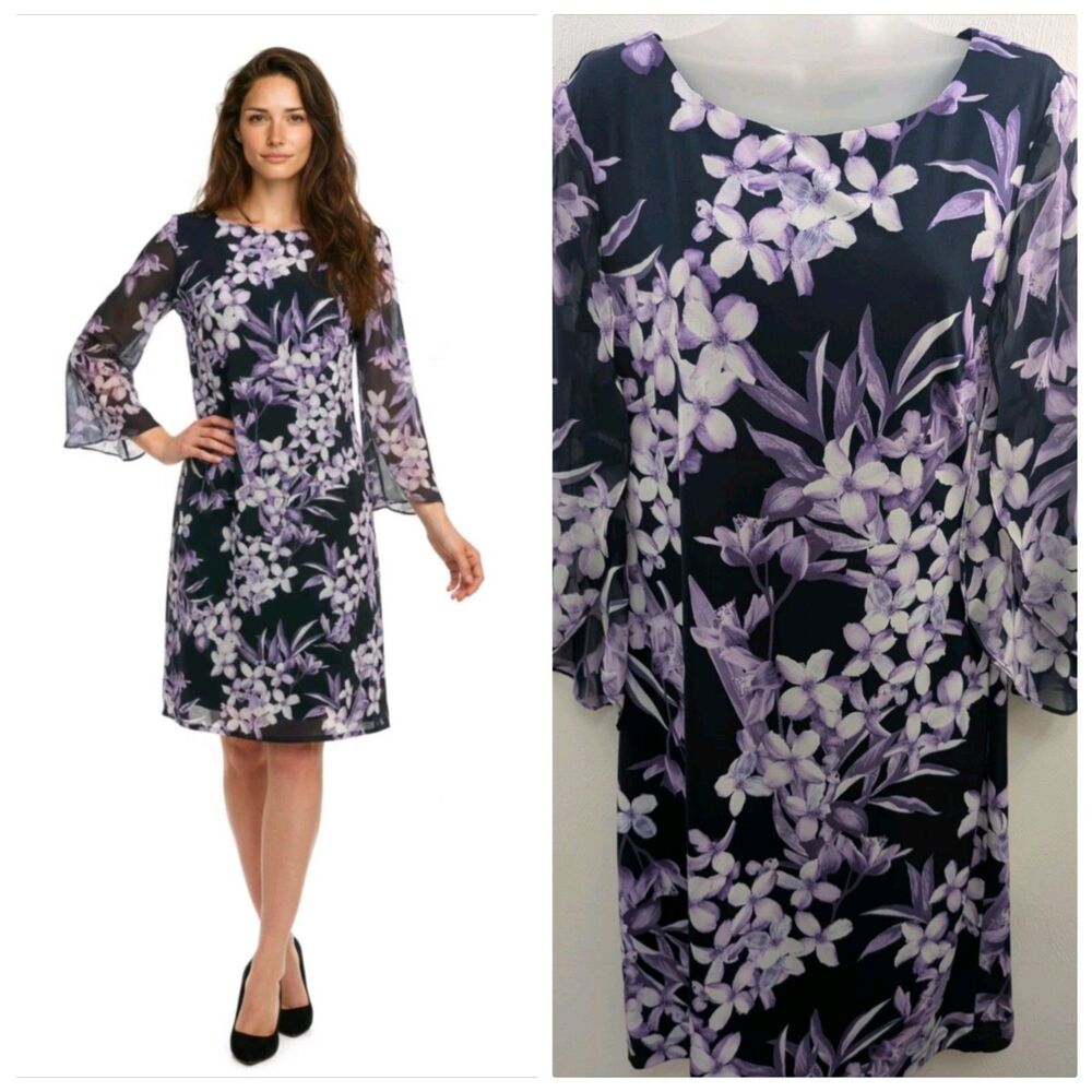 New Floral Purple Dress 8 Angel Sleeve Flowy Wedding Wear By Connected MSRP 94$